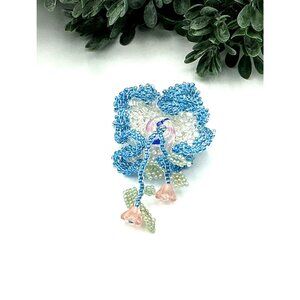 Handcrafted Beaded Blue & White Floral Brooch Pin With Pink Flower Accents Vinta